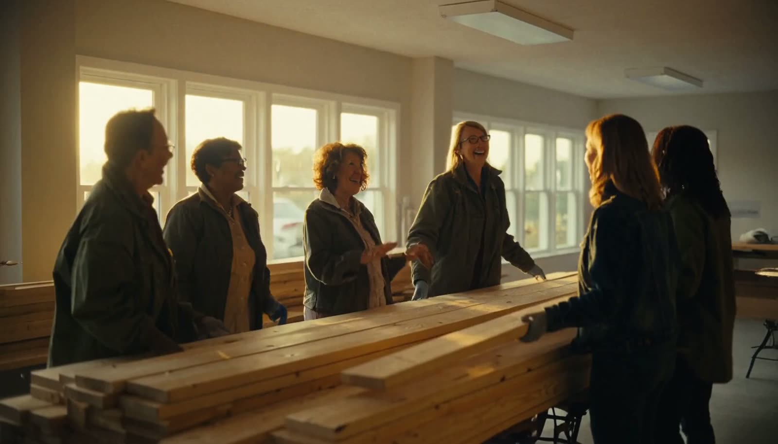 Women, veterans, and neighbours working gladly side by side: a bright workshop, a community house build, and a food pantry in warm morning light